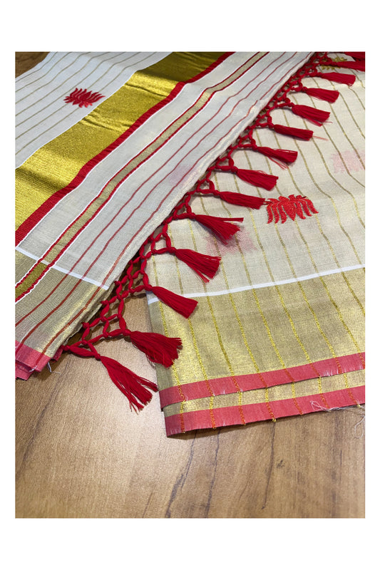 Kerala Tissue Kasavu Lines Saree with Red And Golden Lotus Embroidery Works