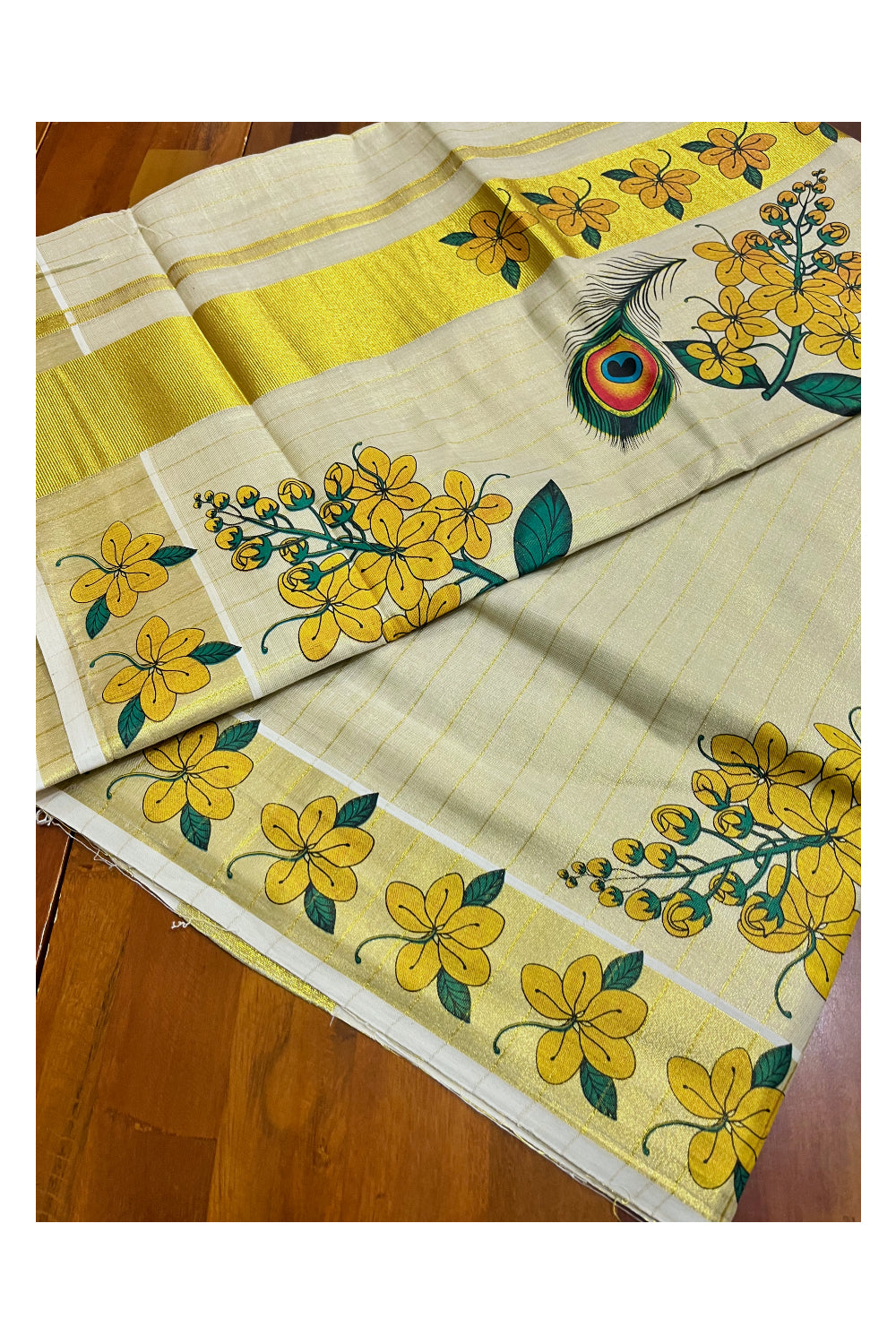 Kerala Tissue Kasavu Lines Design Saree with Feather And Floral Mural Prints on Body