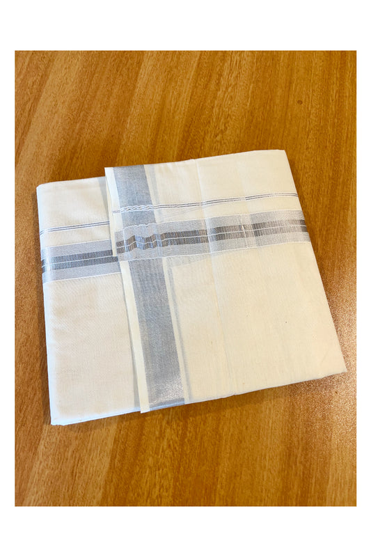 Off White Kerala Cotton Double Mundu with Silver Kasavu Lines Border (South Indian Dhoti)