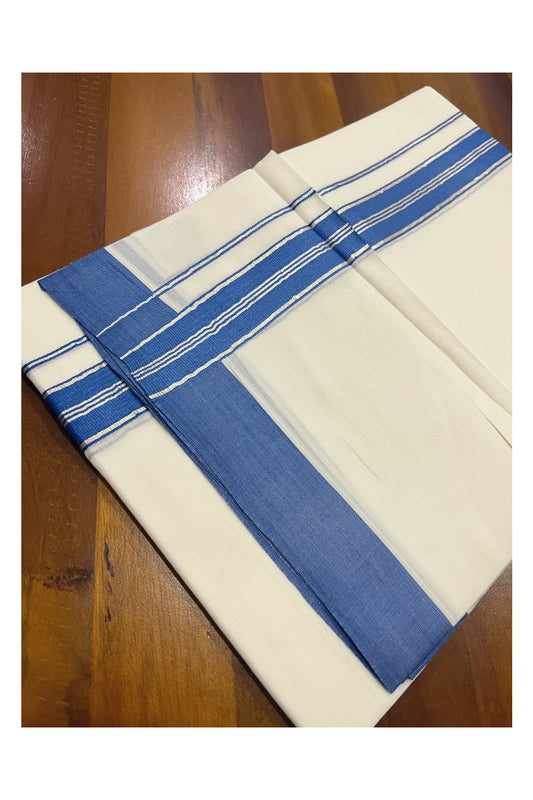 Pure White Cotton Double Mundu with Blue and Silver Kasavu Border (South Indian Kerala Dhoti)