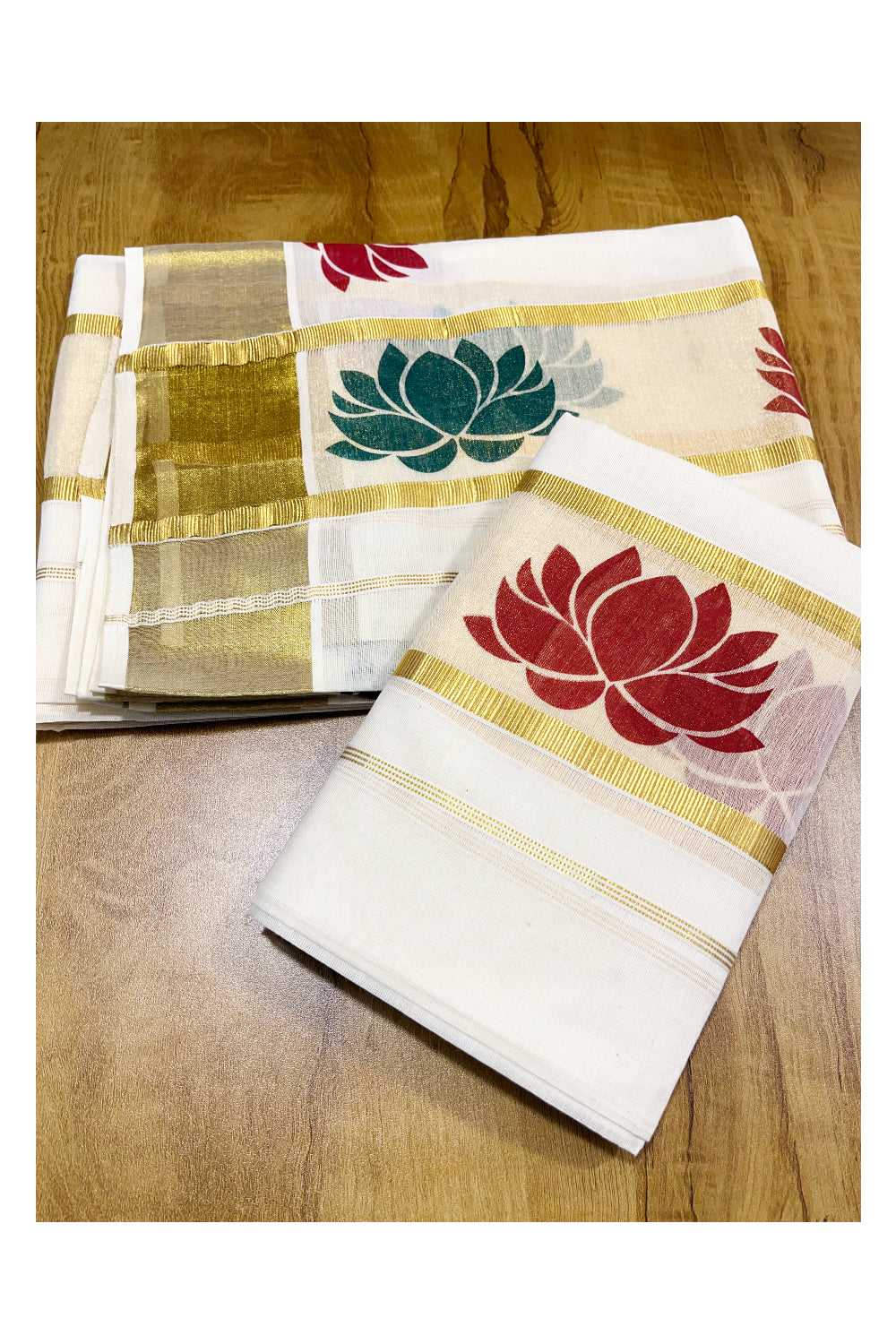 Kerala Tissue Single Set Mundu (Mundum Neriyathum) with Maroon And Green Lotus Block Prints On Kasavu Border