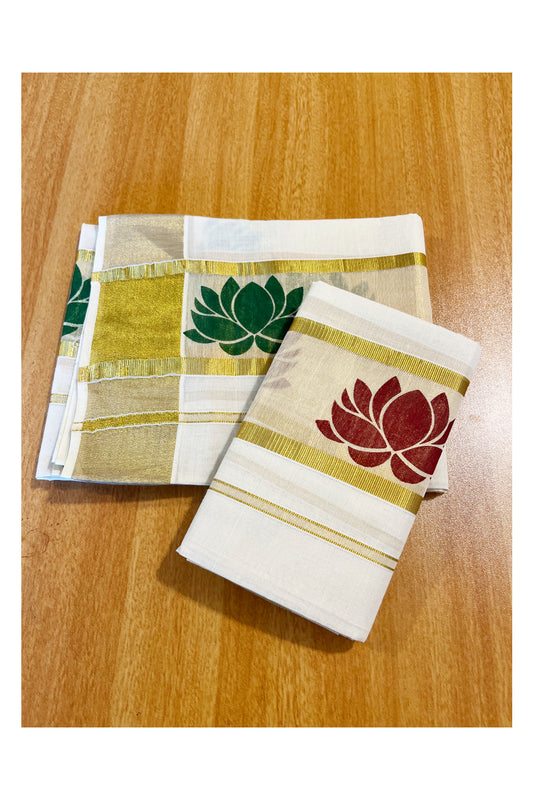 Kerala Cotton Single Set Mundu (Mundum Neriyathum) with Maroon And Green Lotus Block Prints On Kasavu Border 2.80 Mtrs