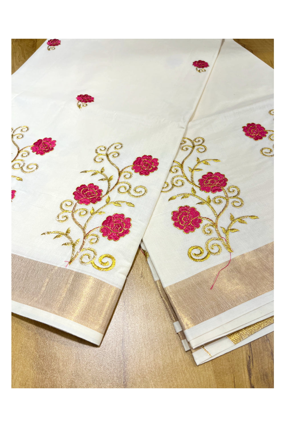 Southloom Kerala Kasavu Saree with Magenta and Gold Floral Embroidery