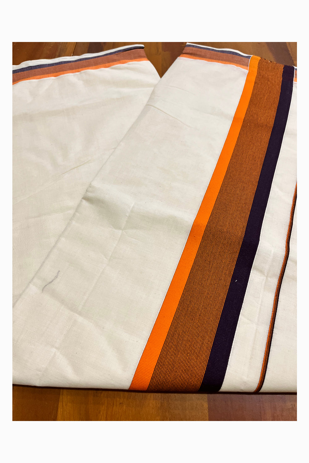 Pure Cotton Kerala Cotton Saree with Orange And Dark Blue Border