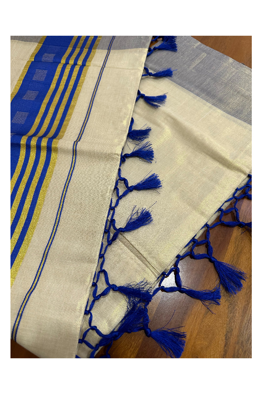 Kerala Tissue Saree with Kasavu Blue Border and Tassels Works on Pallu (Onam Saree 2023)