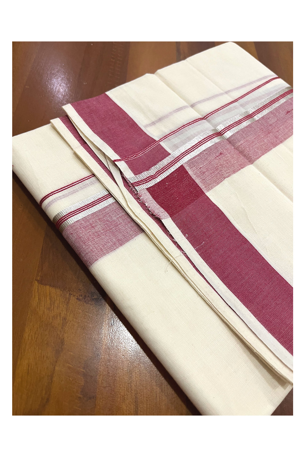 Kerala Cotton Double Mundu with Red and Silver Kasavu Border (Onam Mundu 2023)