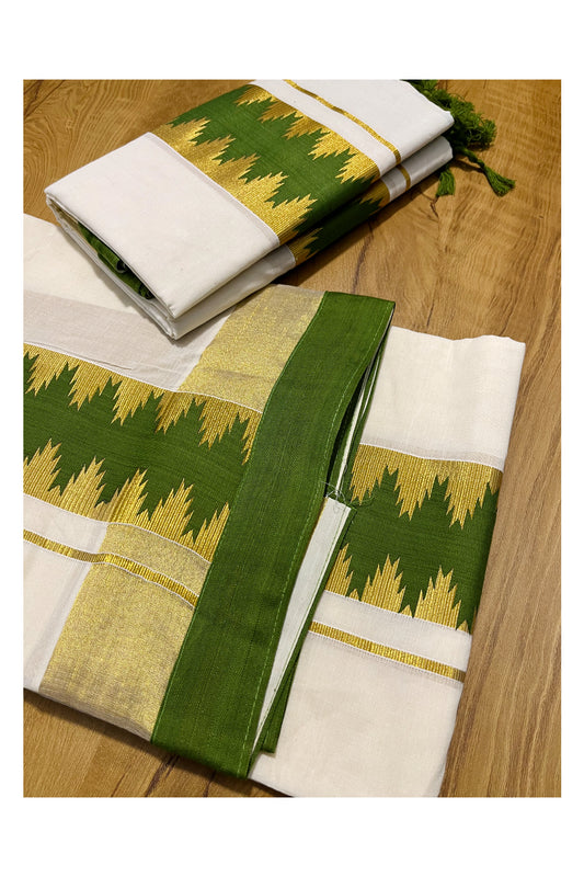 Kerala Cotton Single Set Mundu (Mundum Neriyathum) with Green Temple Applique Work Border 2.80Mtrs