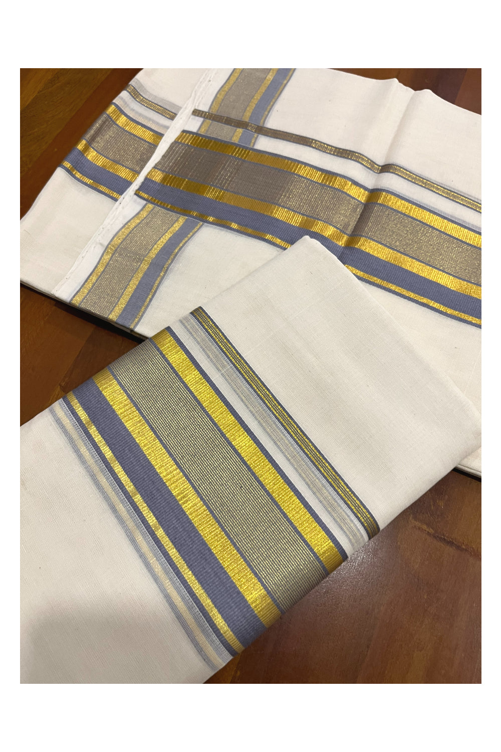 Pure Cotton Handloom Premium Kasavu Set Mundu (Mundum Neriyathum) with Grey and Kasavu Border 2.80 Mtrs (Onam Set Mundu 2023)