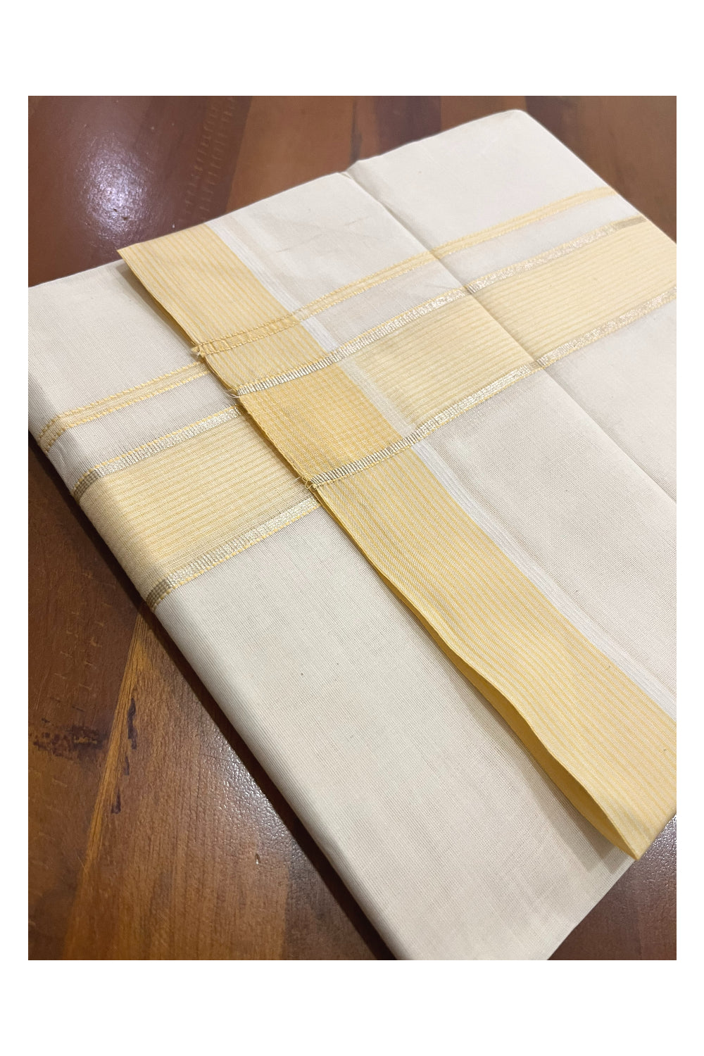 Pure Cotton 100x100 Double Mundu with Yellow and Silver Kasavu Kara (Onam Mundu 2023)