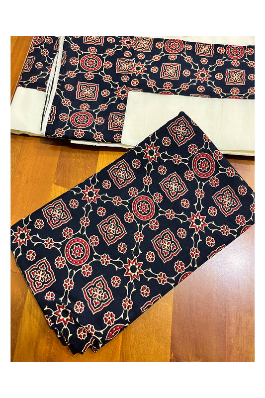 Kerala Cotton Set Mundu (Mundum Neriyathum) with Black Prints and Seperate Blouse Piece 2.80 Mtrs