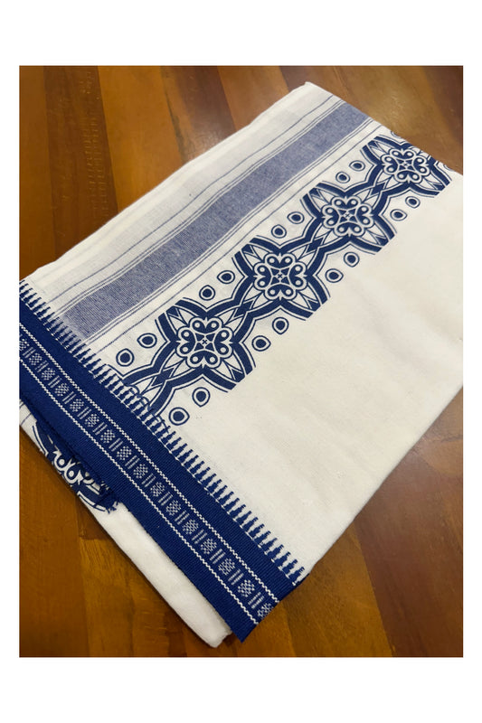 Southloom White And Blue Printed Single Mundu / Otta Mundu / Lungi (South Indian Kerala Dhoti)