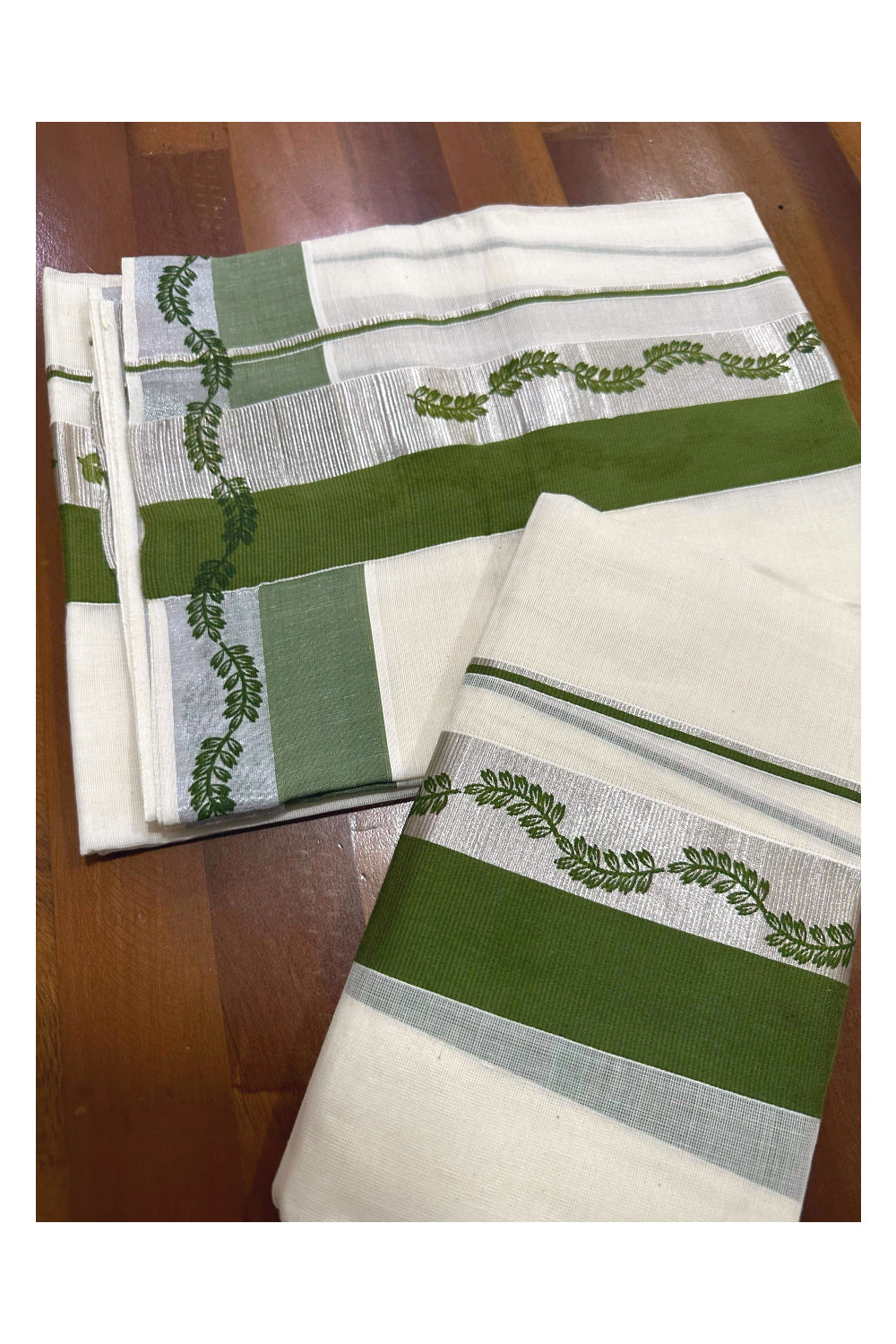 Kerala Cotton Single Set Mundu (Mundum Neriyathum) with Green Block Prints and Silver Kasavu Border 2.80 Mtrs (Onam set Mundu 2023)