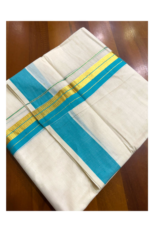 Kerala Pure Cotton Double Mundu with Blue and Kasavu Border (South Indian Dhoti)