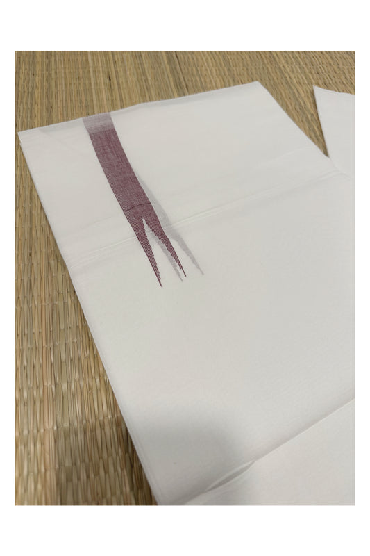 Pure White Cotton Double Borderless Mundu with Maroon Chutti Design on Bottom (South Indian Kerala Dhoti)