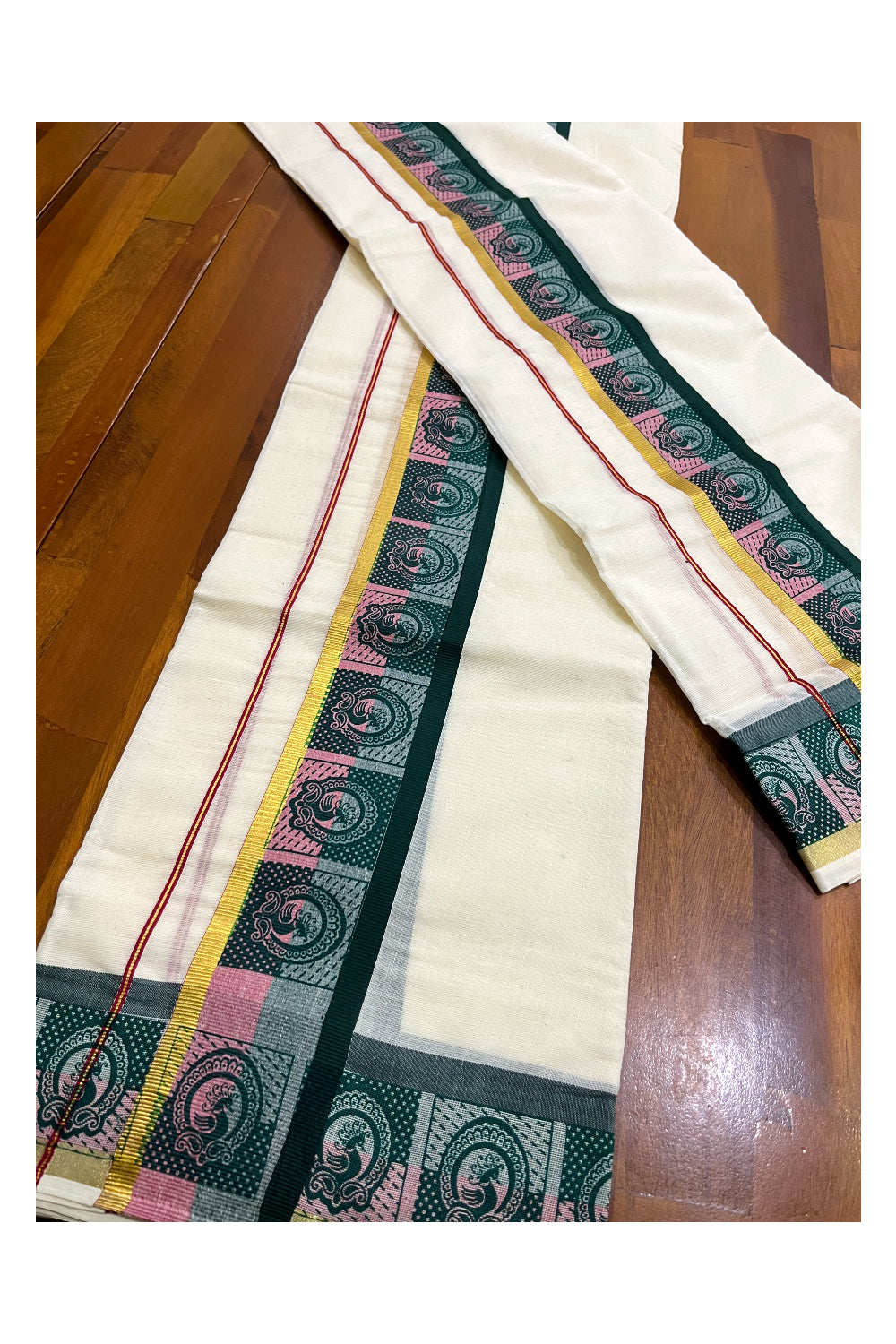 Kerala Cotton Kasavu Single Set Mundu (Mundum Neriyathum) with Pink and Green Kara and Block prints