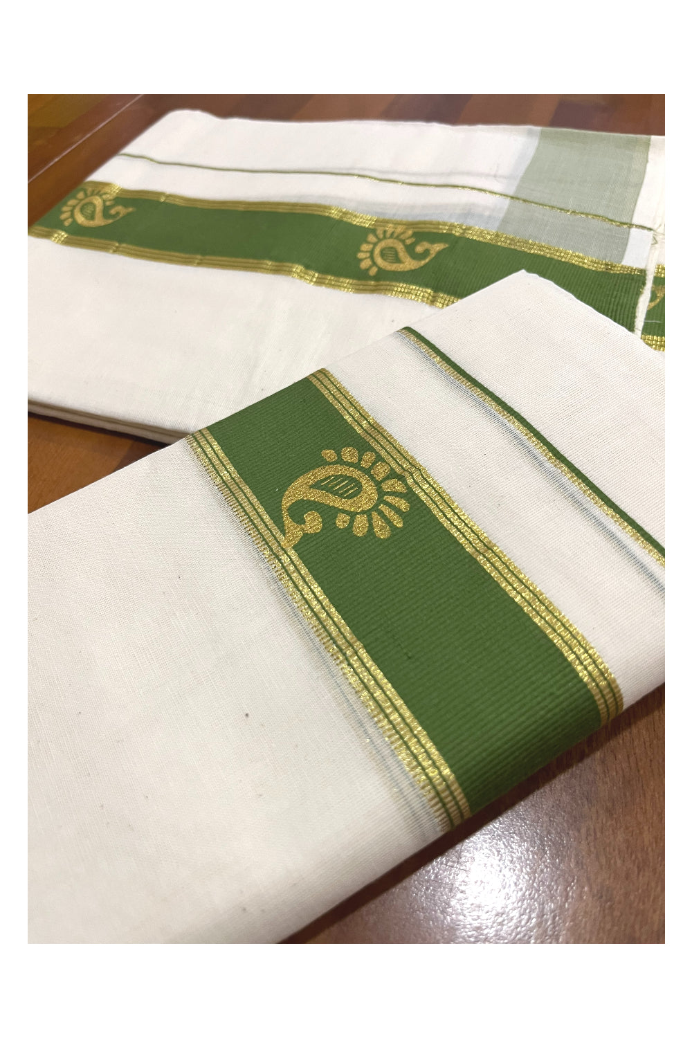 Cotton Single Set Mundu (Mundu Neriyathum) with Golden Paisley Block Prints on Green Border (Onam Set Mundu 2023)