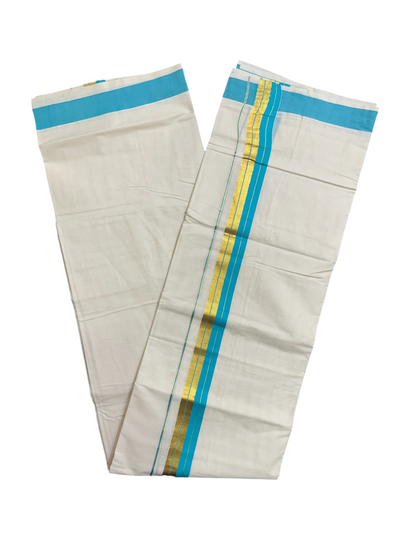 Kerala Pure Cotton Double Mundu with Blue and Kasavu Border (South Indian Dhoti)