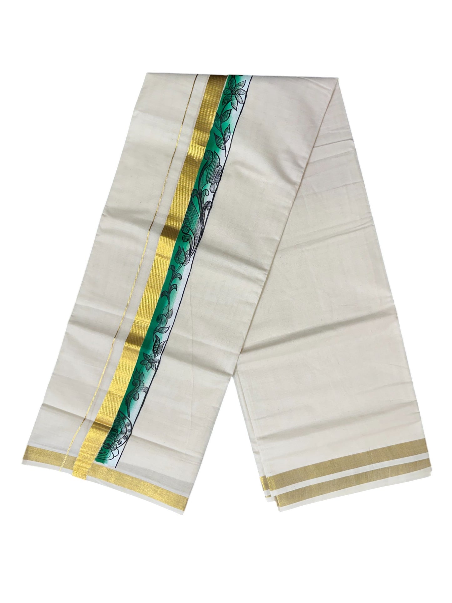 Kerala Pure Cotton Double Mundu with Hand Painted Designs on Kasavu Border(South Indian Kerala Dhoti)