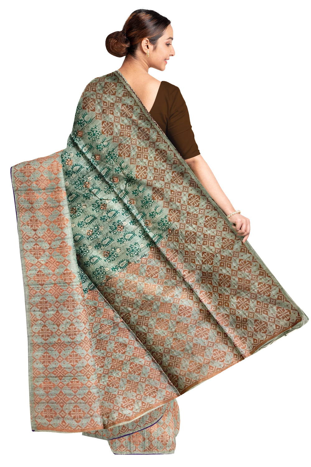 Southloom Semi Tussar Green Floral Woven Designer Saree with Copper Border