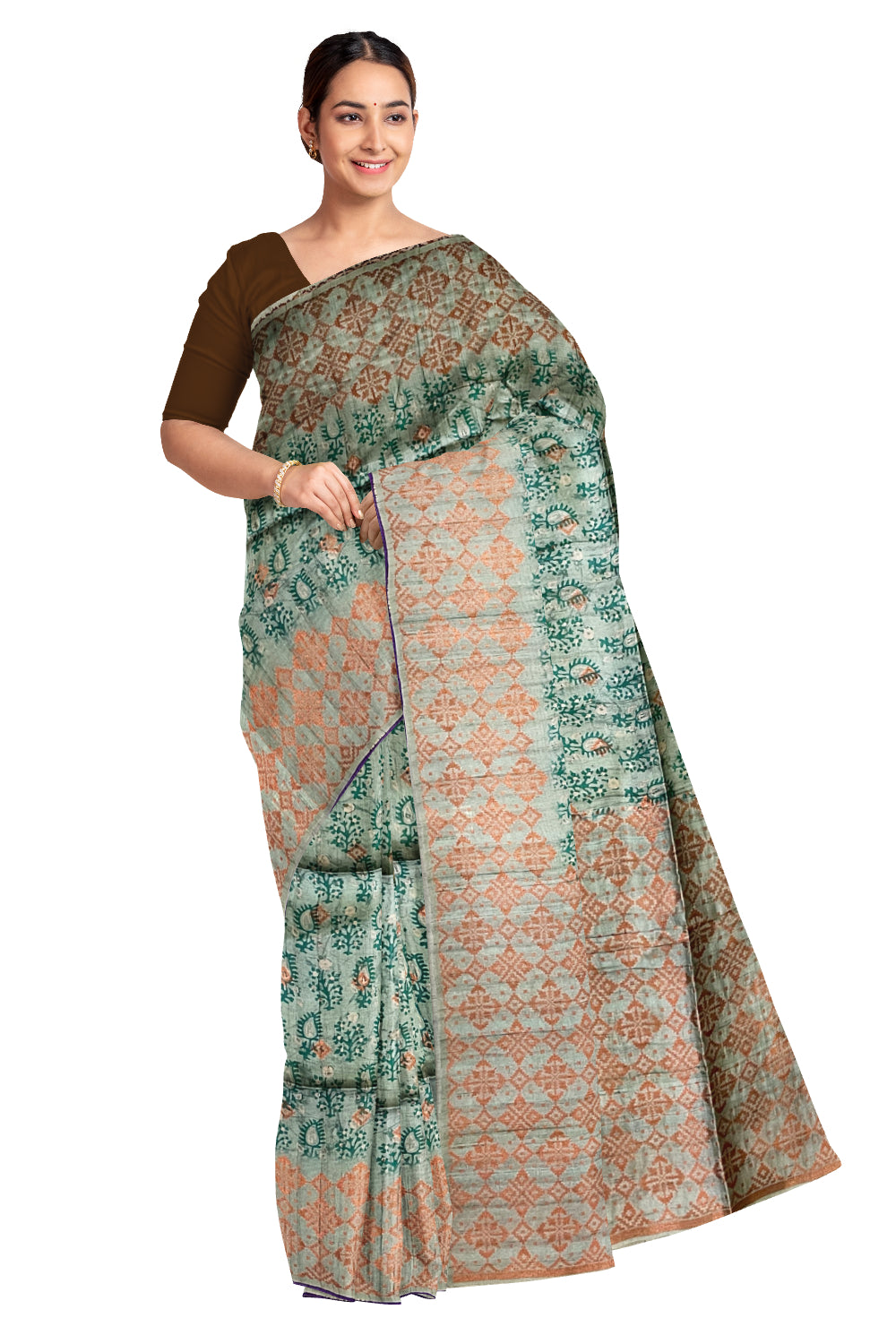 Southloom Semi Tussar Green Floral Woven Designer Saree with Copper Border