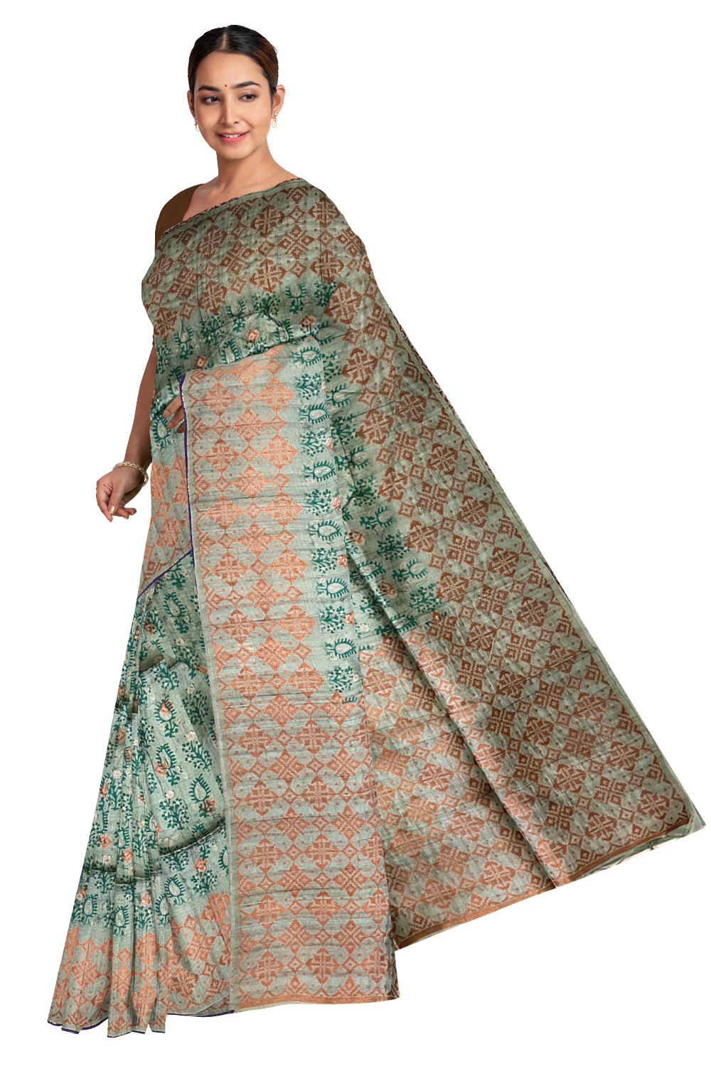 Southloom Semi Tussar Green Floral Woven Designer Saree with Copper Border