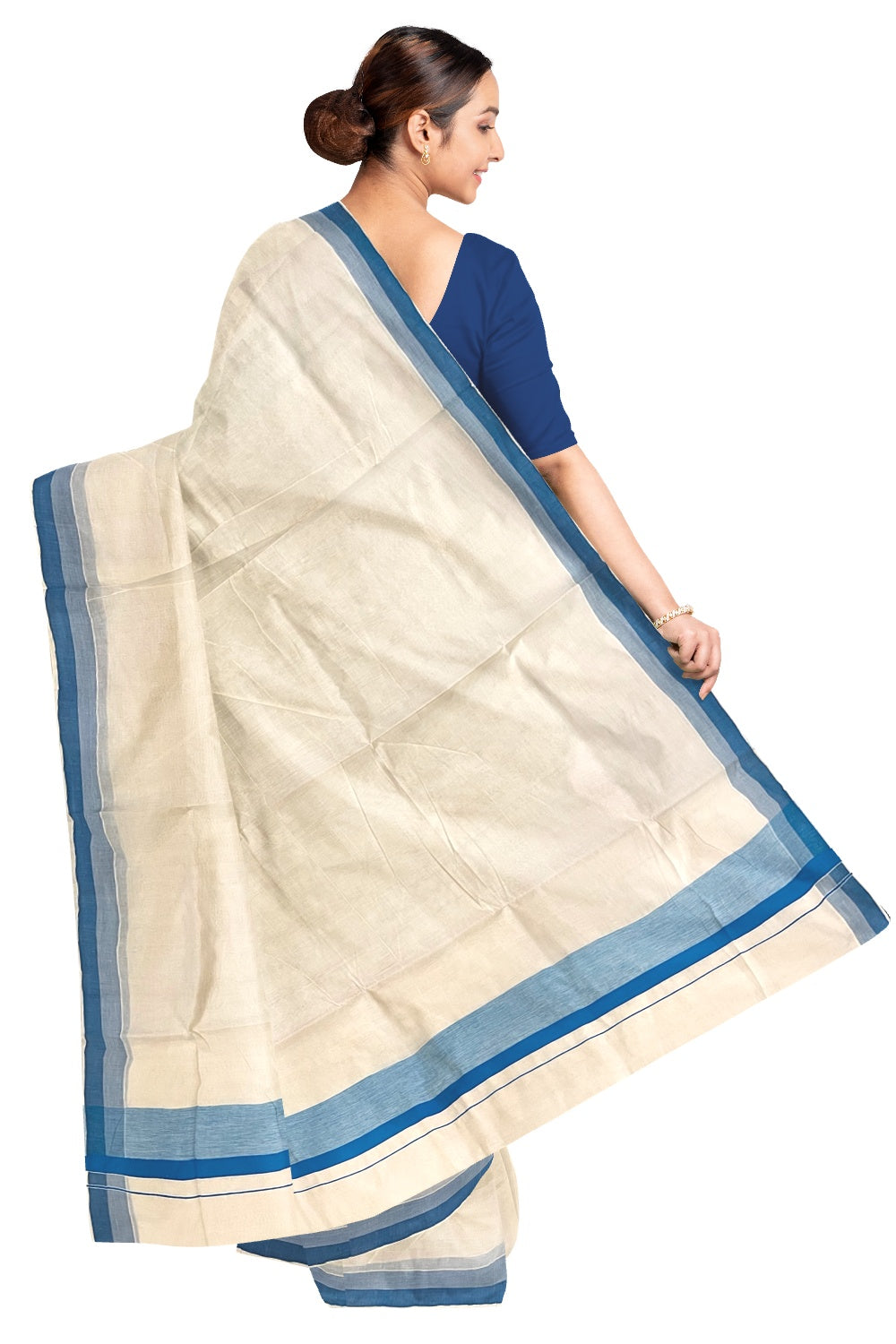 Pure Cotton Off White Kerala Saree with Blue Shaded Border (Onam Saree 2023)