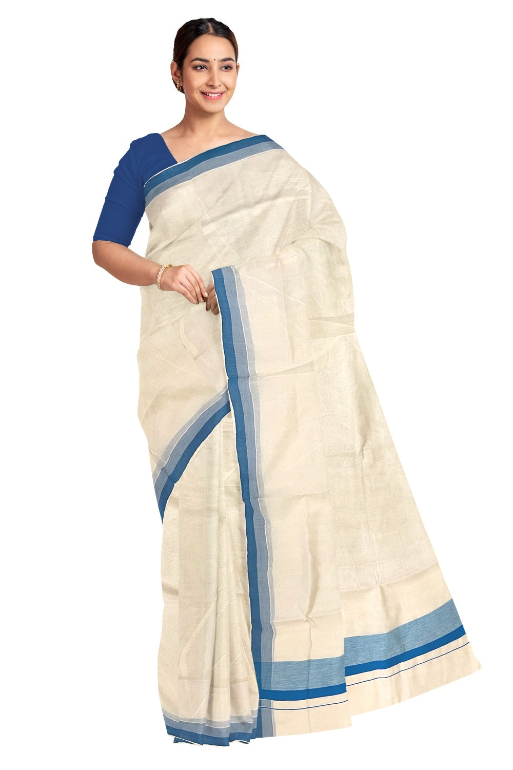 Pure Cotton Off White Kerala Saree with Blue Shaded Border (Onam Saree 2023)