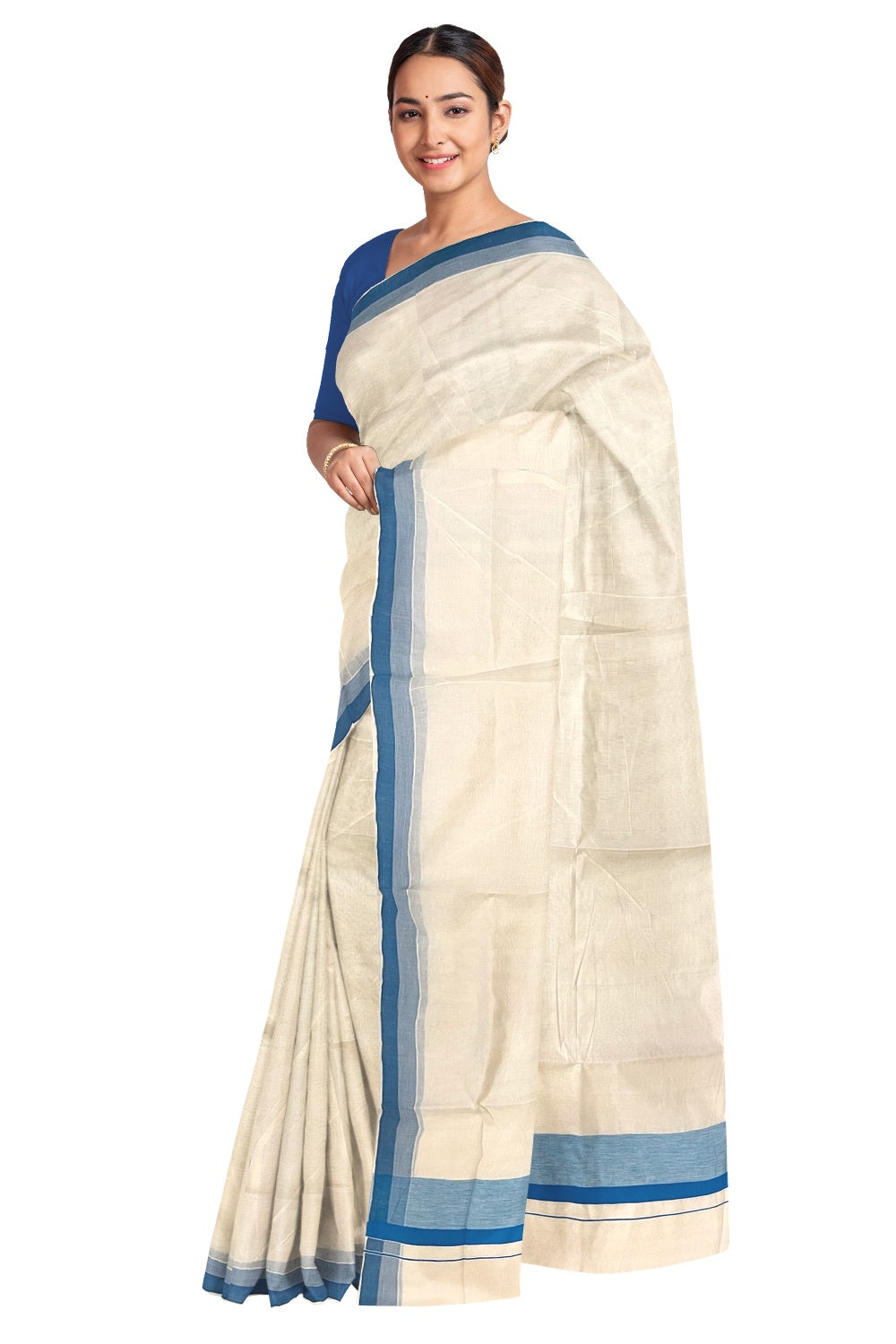 Pure Cotton Off White Kerala Saree with Blue Shaded Border (Onam Saree 2023)