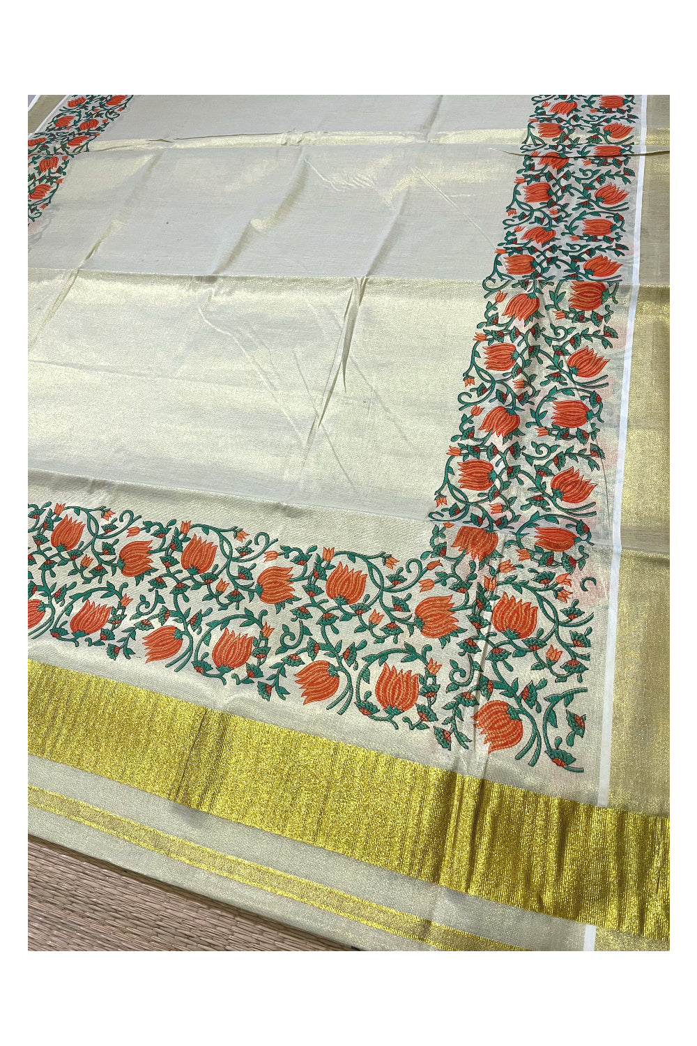 Southloom Jaipur Artisans & Kerala Weavers Collab Orange and Green Floral Printed Tissue Kasavu Saree (2023 Onam Exclusive Kerala Saree)
