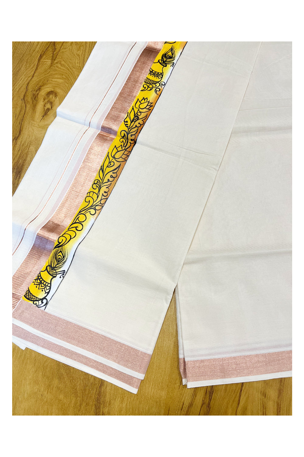 Southloom Antique Copper Kasavu Double Mundu with Hand Painted Mural Design Across Kara