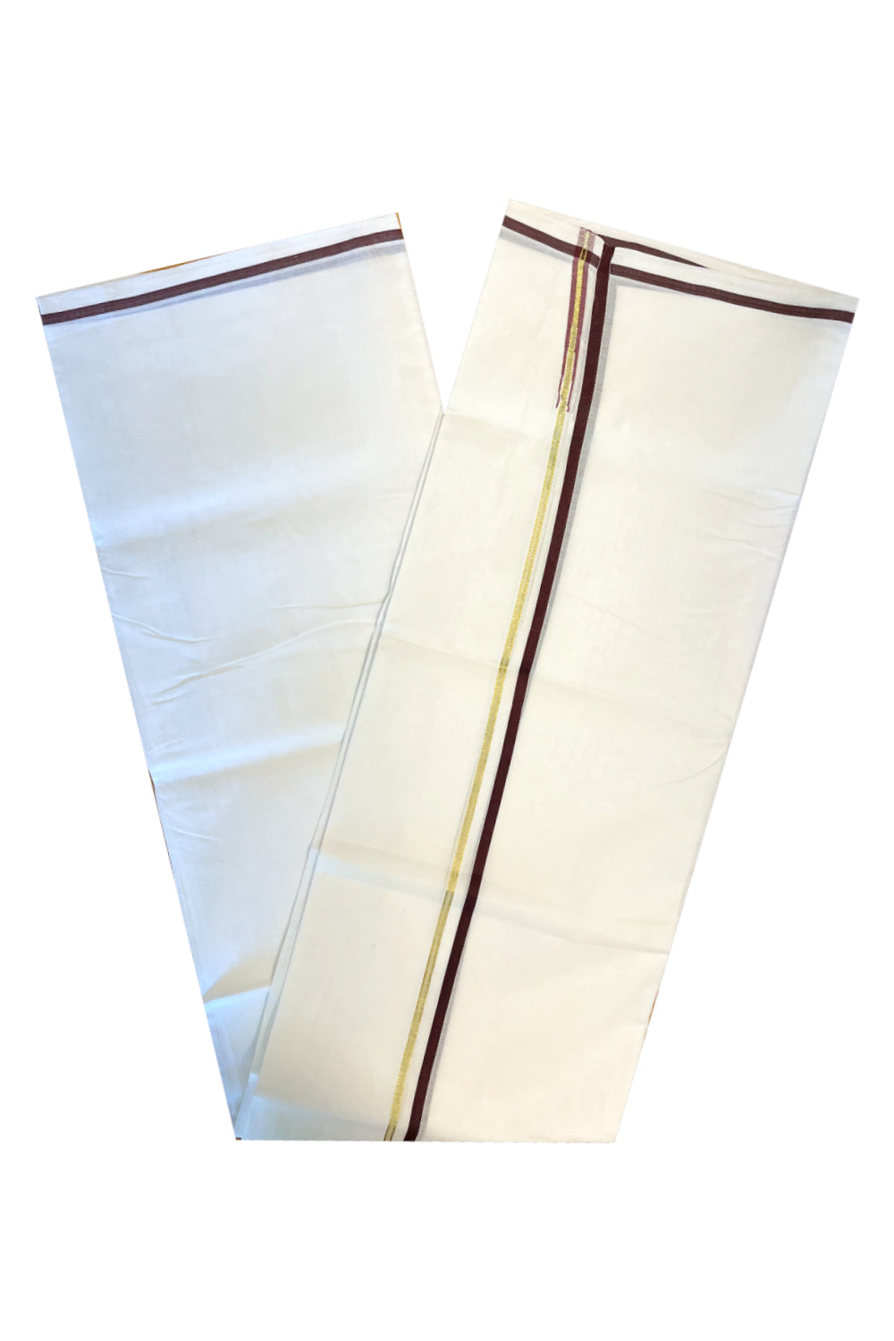 Pure White Cotton Double Mundu with Brown Border (South Indian Dhoti)