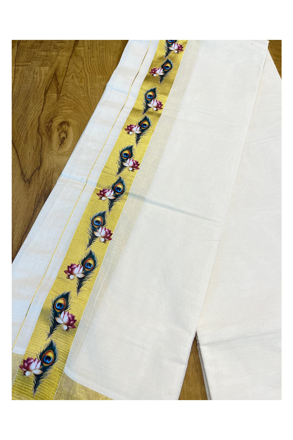 Kerala Pure Cotton Double Mundu with Hand Painted Designs on Kasavu Border(South Indian Kerala Dhoti)