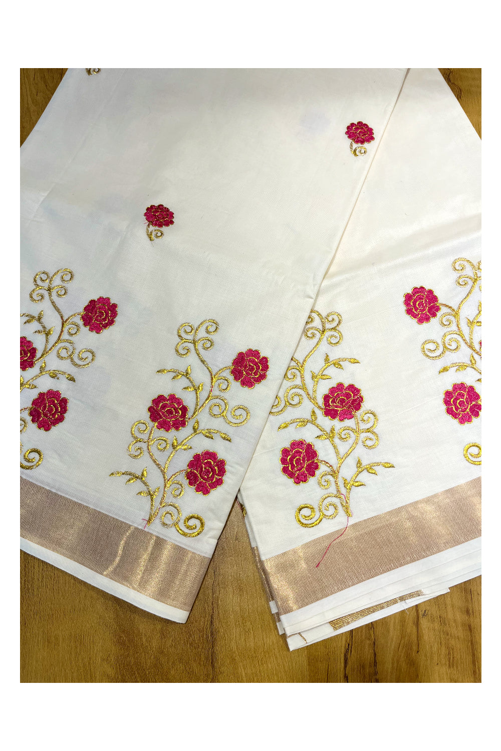 Southloom Kerala Kasavu Saree with Magenta and Gold Floral Embroidery