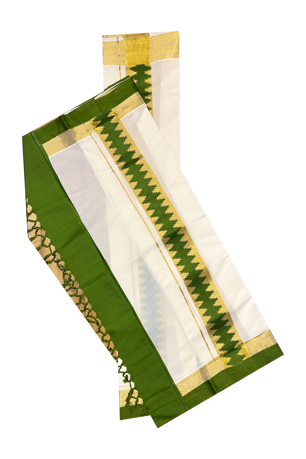 Kerala Cotton Single Set Mundu (Mundum Neriyathum) with Green Temple Applique Work Border 2.80Mtrs