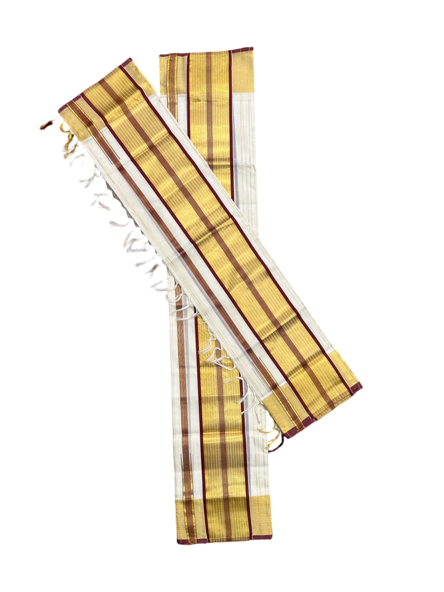 Southloom Premium Handloom Set Mundu with Maroon Border and Kasavu Lines Across Body 2.80 Mtrs