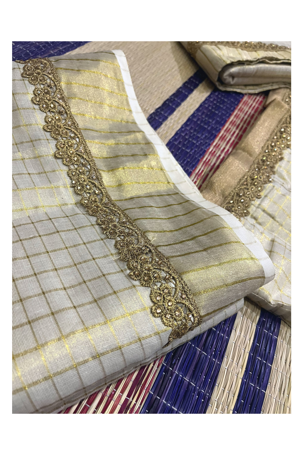 Semi Stitched Premium Tissue Dhavani Set with Kasavu Check Designs