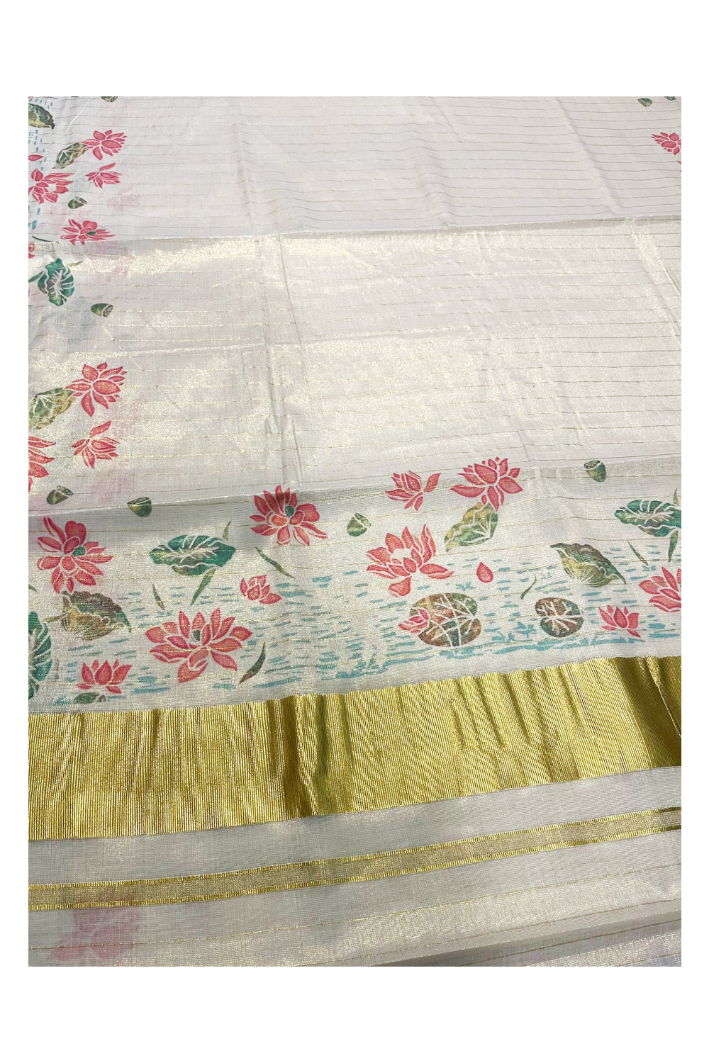 Kerala Tissue Kasavu Lines Saree with Lotus Floral Prints On Border