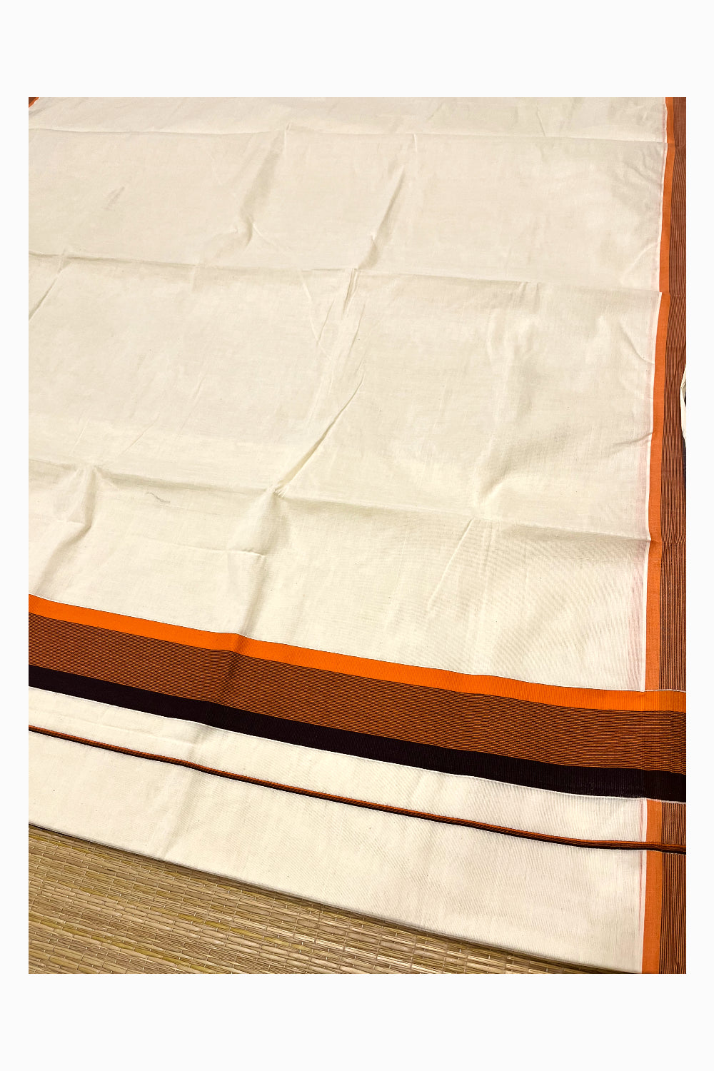 Pure Cotton Kerala Cotton Saree with Orange And Dark Blue Border