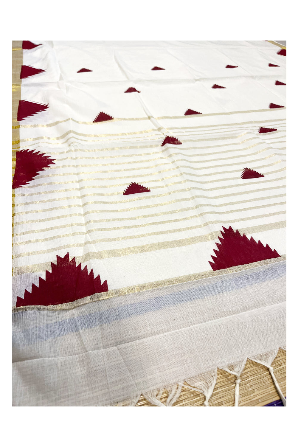 Kerala Cotton Kasavu Saree With Maroon Temple Woven Works on Border