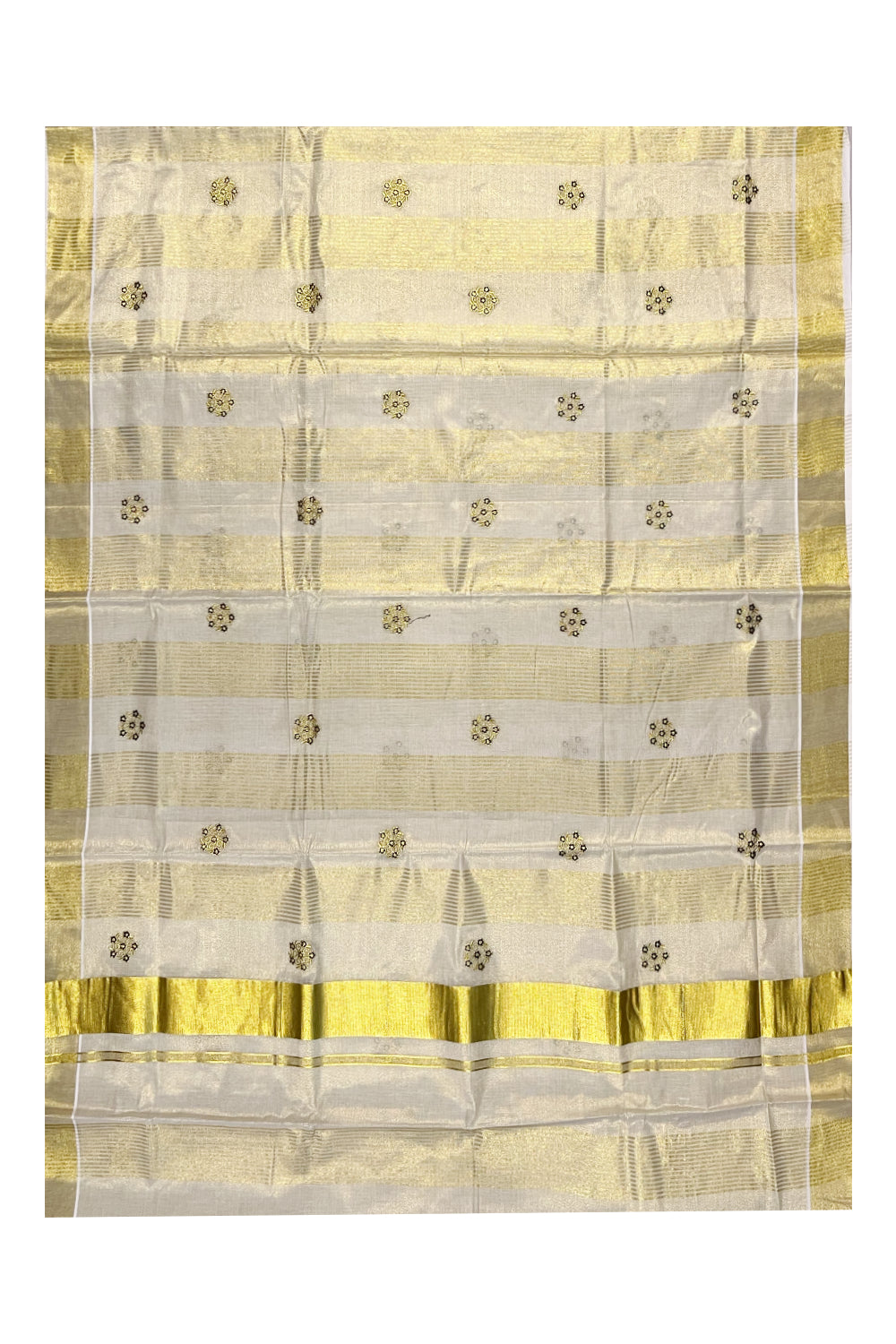 Kerala Tissue Kasavu Stripes Saree with Green Floral Embroidery Design on Body