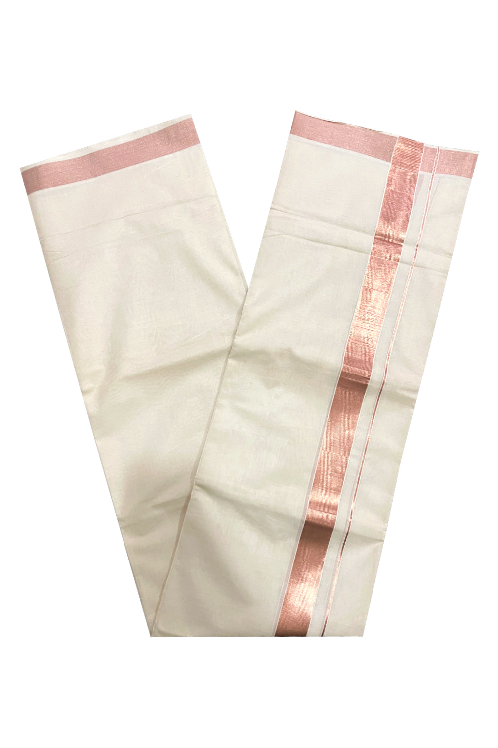 Off White Pure Cotton Double Mundu with 1.5 inch Rose Copper Kasavu Border (South Indian Kerala Dhoti)