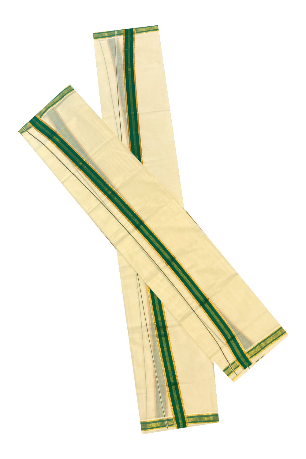 Kerala Cotton Set Mundu (Mundum Neriyathum) with Kasavu and Green Border