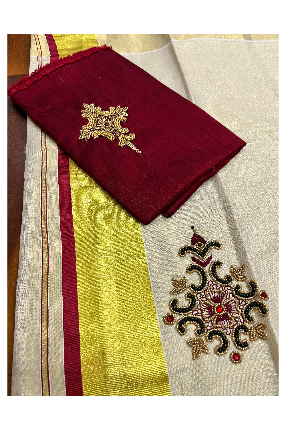 Kerala Tissue Kasavu Set Mundu (Mundum Neriyathum) with Bead Handwork Design and Maroon Blouse Piece - 2.80Mtrs (Vishu 2024 Collection)