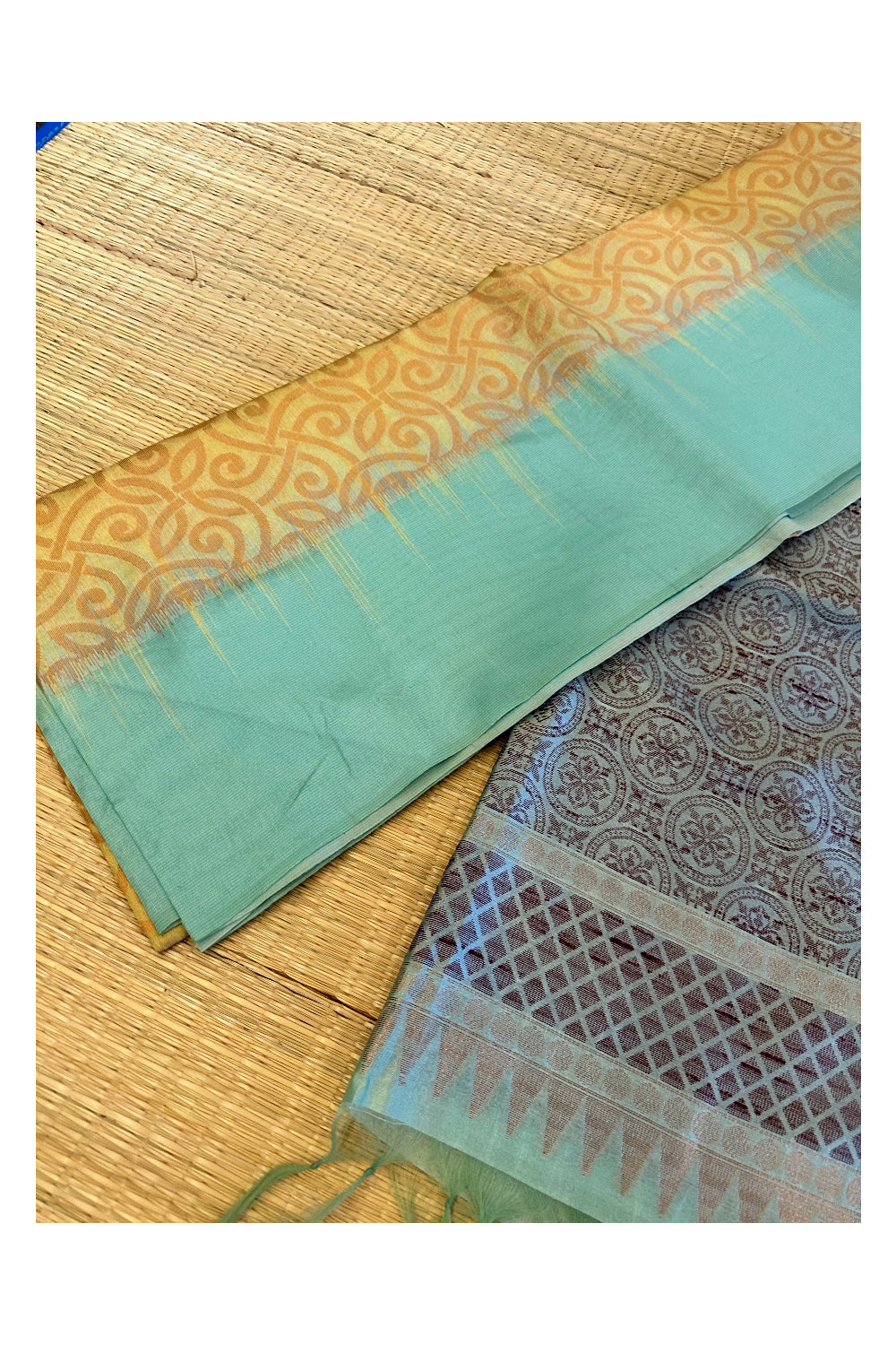 Southloom Semi Tussar Yellow Woven Saree with Turquoise Border