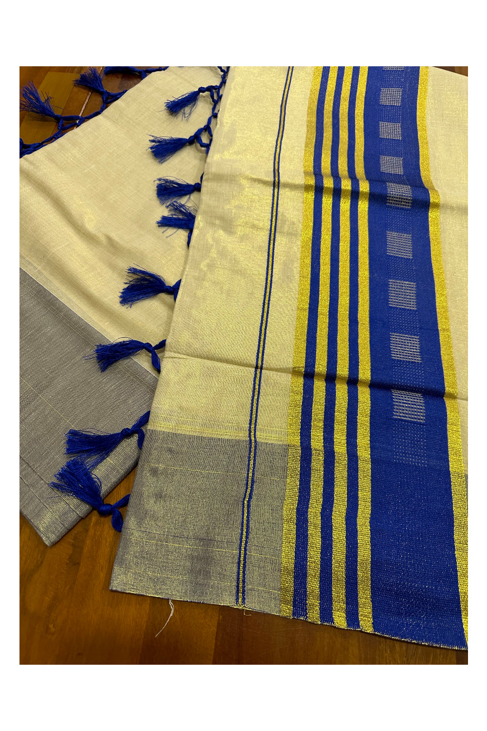 Kerala Tissue Saree with Kasavu Blue Border and Tassels Works on Pallu (Onam Saree 2023)