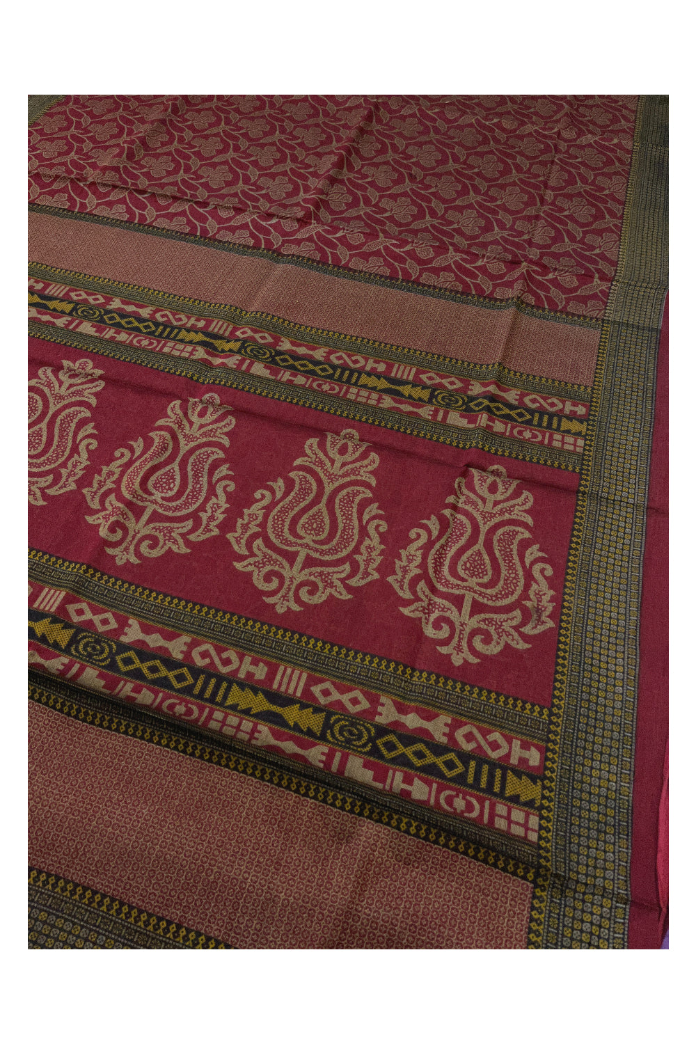 Southloom Cotton Designer Green Printed Maroon Saree