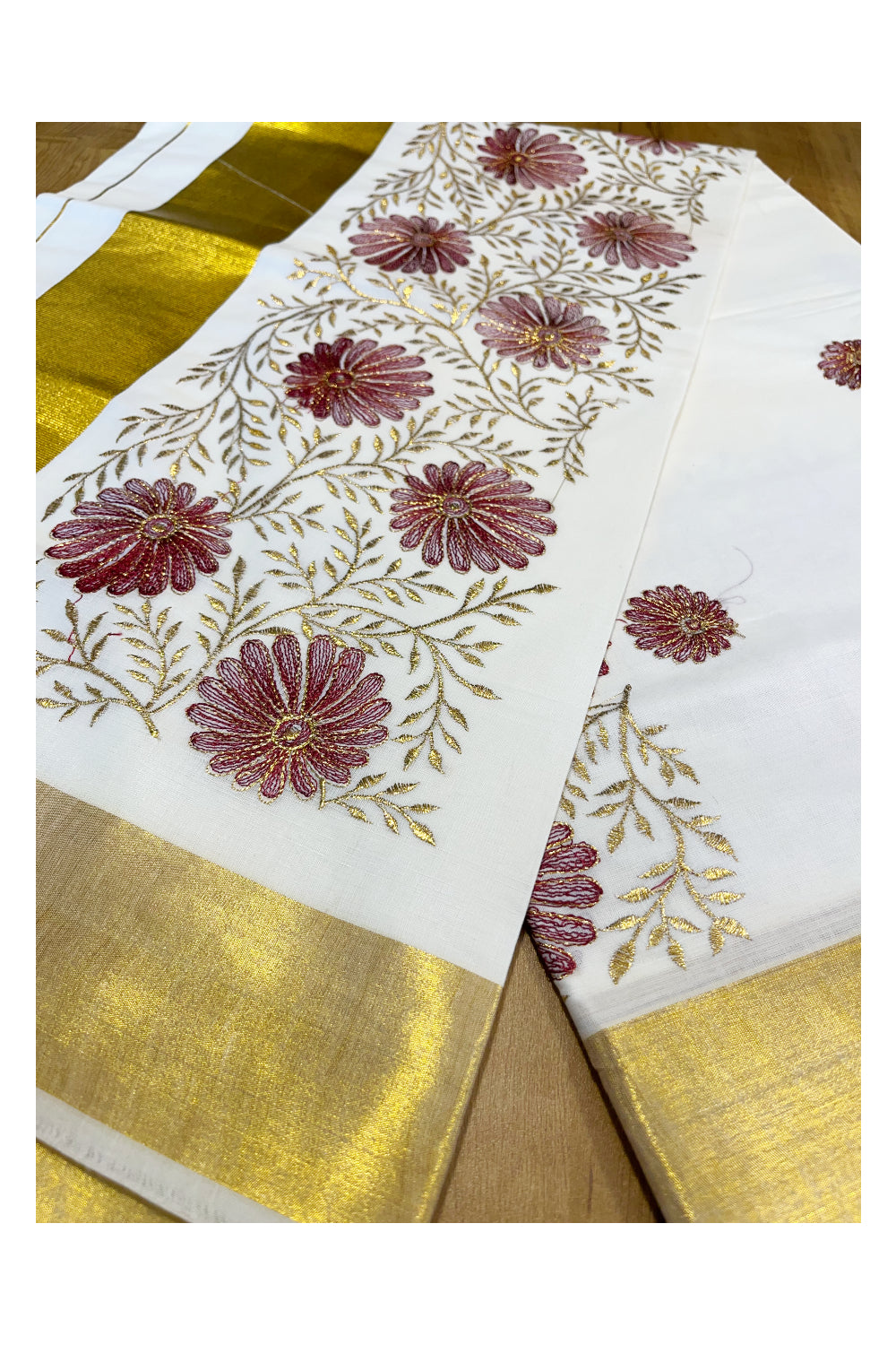 Kerala Cotton Kasavu Saree with Golden and Maroon Floral Embroidery Work