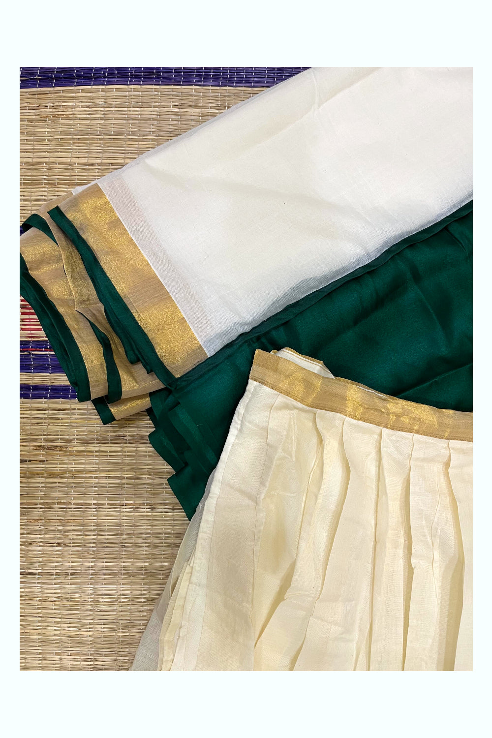 Southloom Semi Stitched Dhavani Set with Cotton Kasavu Pavada and Green Blouse Piece
