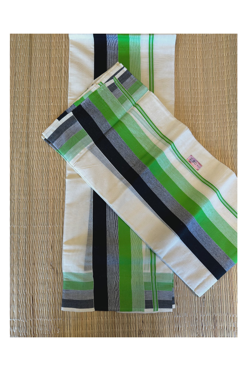 Kerala Cotton Mundum Neriyathum Single (Set Mundu) with Green and Black Lines Border 2.80 Mtrs