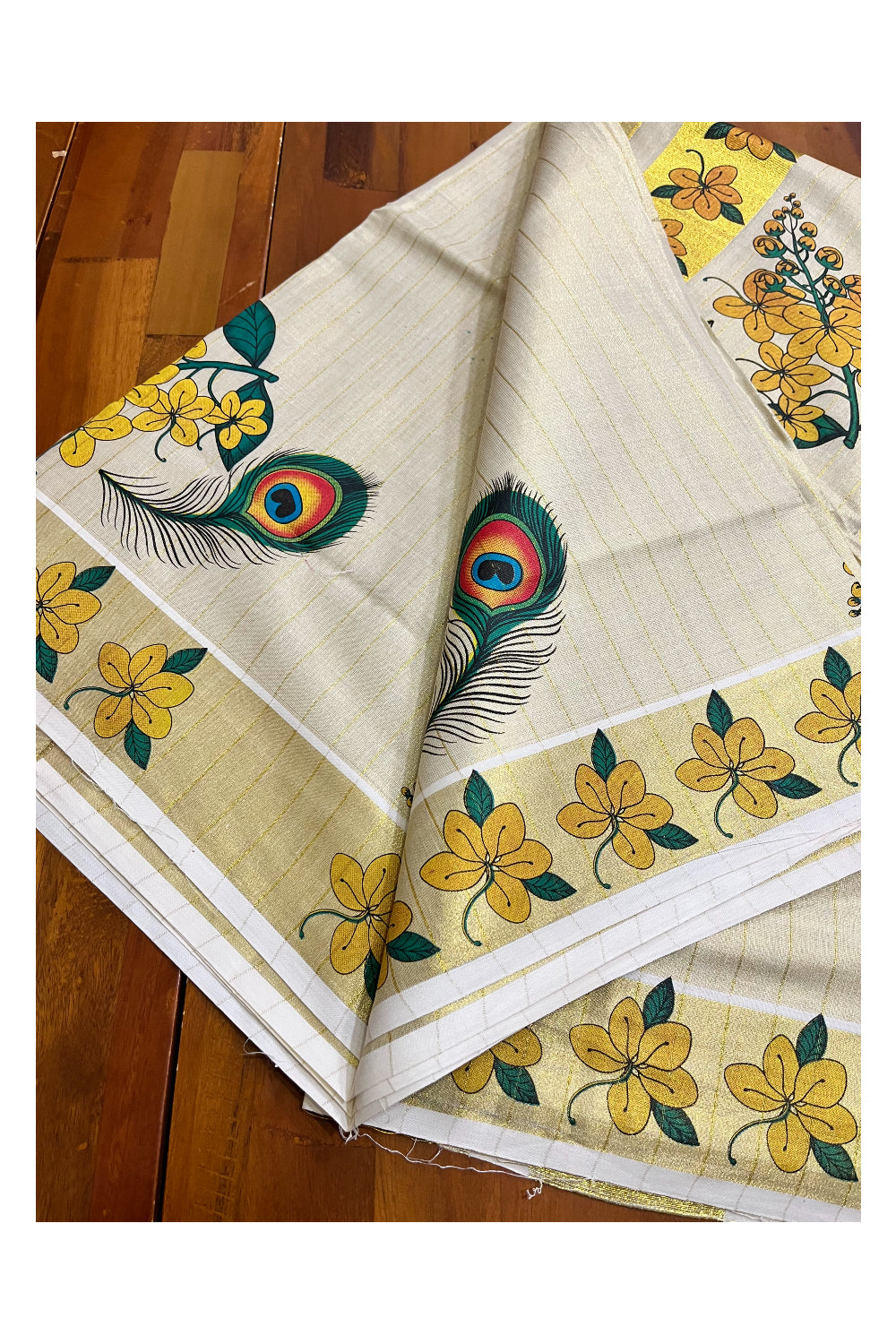 Kerala Tissue Kasavu Lines Design Saree with Feather And Floral Mural Prints on Body